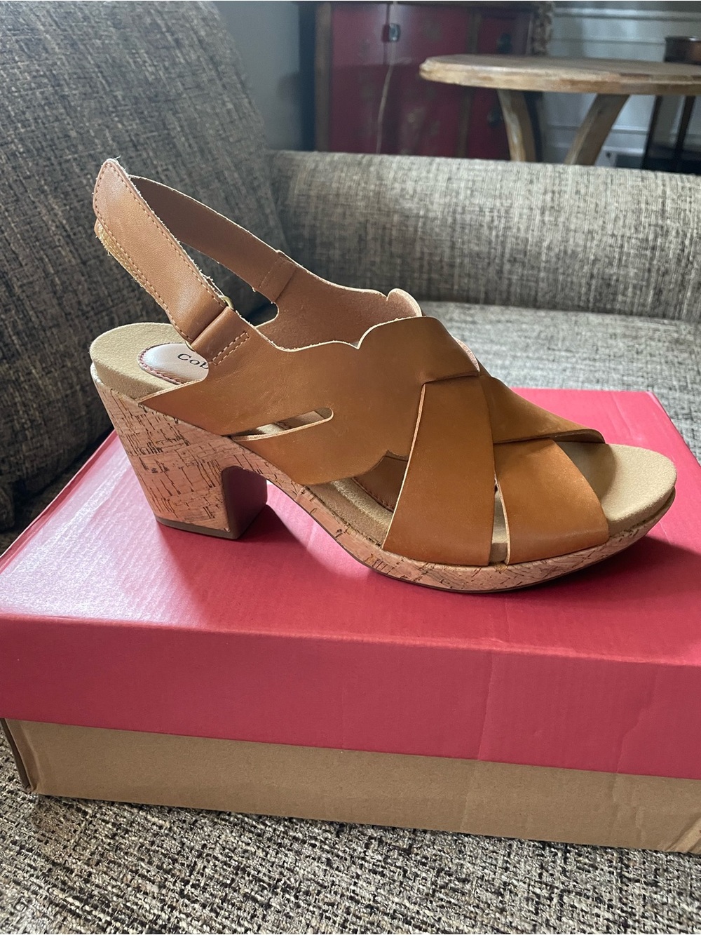 Cobb Hill by New Balance Tan Leather Cork Block Heel Slingback Sandals
